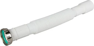 A white flexible drain hose with a silver fitting and a green gasket, isolated on a white background.