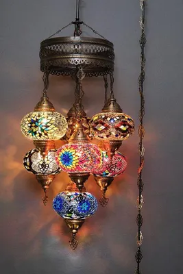 Produktbild von 7-globige Hängelampe aus Mosaikglas in Multicolor - Türkische Hängelampe mit 7 Mosaikglaskugeln - Orientalische Deckenleuchte