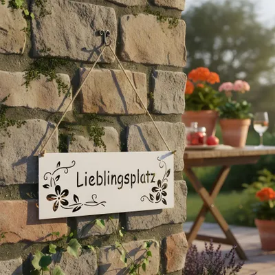 Produktbild von Schild Lieblingsplatz 25x9cm Außen Garten-Deko Weiß Blumen Metall Türschild