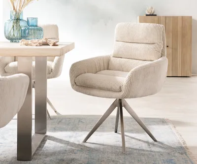Produktbild von DELIFE Esszimmerstuhl Abelia-Flex mit Armlehnen Cord Beige Kreuzgestell kantig Edelstahl