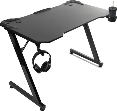 A black gaming desk with a headphone holder and a cup holder.