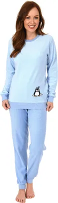 Produktbild von Damen Frottee Pyjama langarm Schlafanzug mit Bündchen und süßem Pinguin Motiv - 201 13 564 ; hellblau , 40/42
