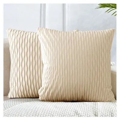 Produktbild von 2er Set Kissenbezüge aus Samt 45x45 cm Beige, Dekorative quadratische Sofakissen für Wohnzimmer und Schlafzimmer