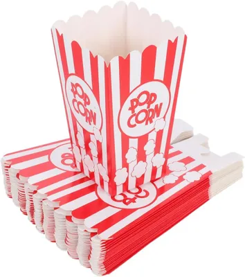 Produktbild von Papier Popcornbehälter für Filmabende und Snackversammlungen, 24 Stück mit roten Streifen und gewelltem Rand