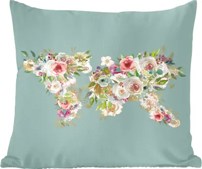 Produktbild von MuchoWow® Zierkissen Sofakissen Wohnzimmer Dekokissen 60x60 cm Karte - Welt - Rosen - Grün - Sitzfläche - Foto Polster