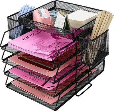 Produktbild von Famanu Büroorganizer mit Briefablage - 4-lagiger Metall-Organizer mit Stifthalter - schwarz