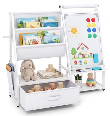 Immagine prodotto di Libreria per bambini di COSTWAY con lavagna magnetica e rotolo di carta, lavagna per bambini con 3 tasche in tessuto, cassetto in tessuto, portamatite e ripiano aperto