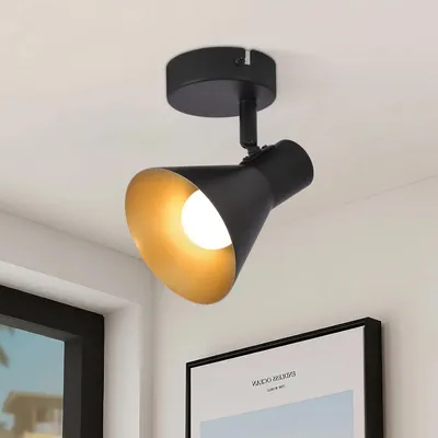 A black ceiling spotlight with a gold interior is mounted on a white ceiling.