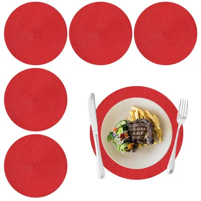 6 runde Platzsets, 38 cm, gewebt, hitzebeständig, rot
