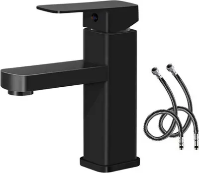 A black modern faucet with two flexible hoses.