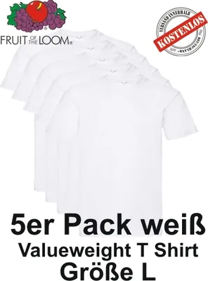 Produktbild von 5er Pack Fruit of the Loom Valueweight T Shirt weiß S M L XL 2XL 3XL L