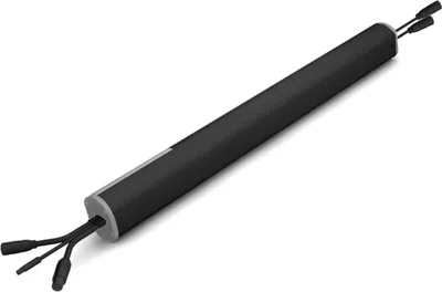 A black cylindrical battery pack with cables extending from both ends, shown on a white background.