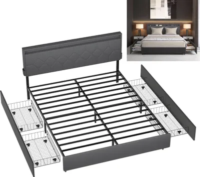 Obrázek produktu pro XMTECH 140 x 200 cm čalouněná postel s čalouněným čelem a 4 úložnými prostory, vysoce kvalitní materiál, bez matrace,  tmavě šedá