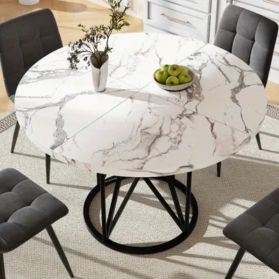 Immagine prodotto di Set tavolo da pranzo – 5 pezzi – Tavolo rotondo da 100 cm – Piano in MDF bianco – 4 sedie in velluto grigio – Struttura in metallo