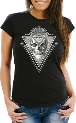 Produktbild von Damen T-Shirt Totenkopf Skull Diamond Diamant Slim Fit Moonworks® schwarz XS