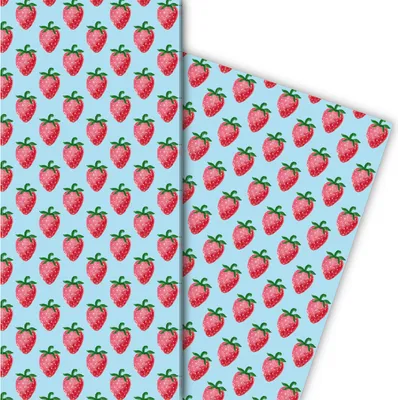 Produktbild von Leckeres Sommer Geschenkpapier mit Erdbeeren auf hellblau - G5166, 32 x 48cm