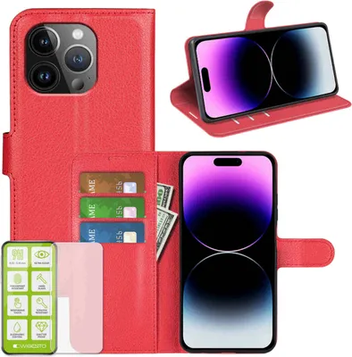 Produktbild von Für Apple iPhone 15 Pro Max Handy Tasche Rot Etuis Kunst-Leder Hülle Case + H9 Hart Glas