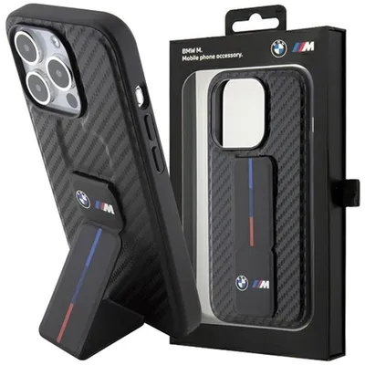 Produktbild von BMW Grip Stand Smooth & Carbon Hülle für iPhone 15 Pro  schwarz Handyhülle
