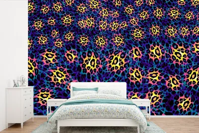 Produktbild von MuchoWow® Fototapete für Wohnzimmer oder Schlafzimmer Wandtapete Vinyl Motivtapete Design - Leopardenmuster - Gelb - Blau - 600x400 cm - Vinyltapeten