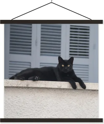 Produktbild von MuchoWow® Textilposter Katze - Schwarz - Fensterläden - Mädchen - Kinder - Jungen - Kind 60x60 cm mit schwarzem Rahmen - Posteraufhänger