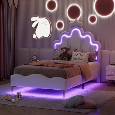 Immagine prodotto di Letto singolo - 90x200 cm - Letto per bambini - Rivestito - Con illuminazione LED