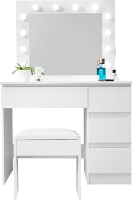 A white vanity table with a mirror and a stool, set against a white background.