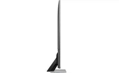 Side view of a modern flat-screen television on a stand, isolated on a white background.