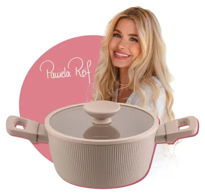 Immagine prodotto di Fackelmann x Pamela Reif Casseruola a conchiglia con coperchio 20 cm Design moderno in beige pastello, adatto a tutti i tipi di piano cottura