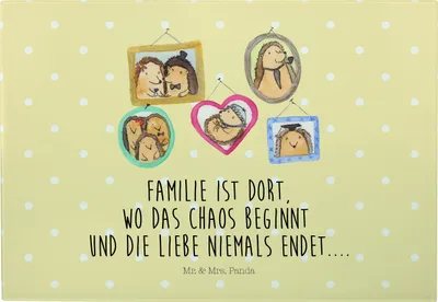 Produktbild von Mr. & Mrs. Panda Servierplatte Igel Familie - Gelb Pastell - Geschenk, Muttertag, Schneidebrett, Hackbrett, Frühstücksbrett, Liebe, Glas-Schneidebrett, Bilder, Glas