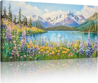 Produktbild von Famanu XXL Canvas Wandbild Blumenwiese und Bergsee - 73x146 cm