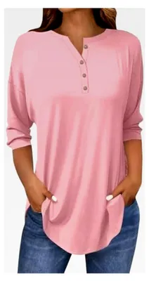 Produktbild von Damen Tunika Langarmshirts Lässiger Ausschnitt T-Shirts Sommer Poloshirt Langarm Schluppenbluse Bluse Sommerbluse Elegante Blusen Festlich Henley Top Oberteil