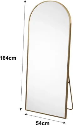 Obrázek produktu pro Moderní, zakřivený stojací zrcadlo – celotělové zrcadlo o rozměrech 164 × 54 cm – kovový rám – bezpečnostní sklo – lze umístit na podlahu nebo zavěsit na zeď – zlatá barva
