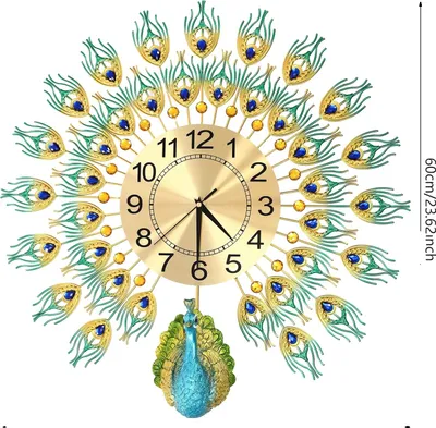 A peacock-shaped wall clock with intricate feather details and a decorative peacock at the bottom.