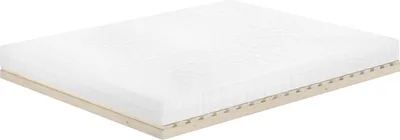 A white mattress on a wooden base.