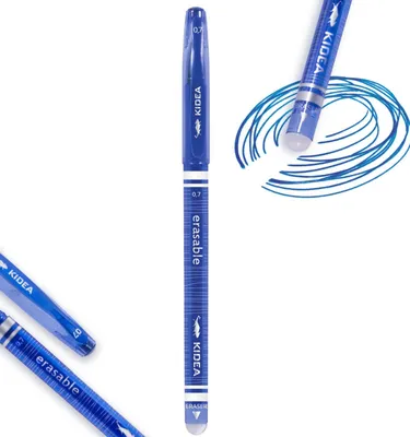 A blue erasable pen is shown from multiple angles, with one pen writing a swirl of blue ink.