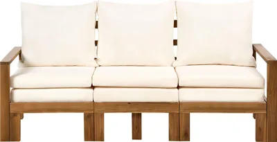 Produktbild von BELIANI Gartenbank aus braunem Akazienholz mit hellbeigen Kissen 190 cm multifunktionales umbaubares Outdoor-Sofa Tagesbett Lattenrost rustikaler Stil