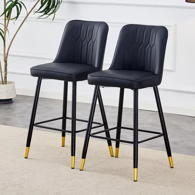 Image de Lot de 2 tabourets de bar, 100 cm, cuirPolyuréthanenoir, pieds en métal noir, repose-pieds