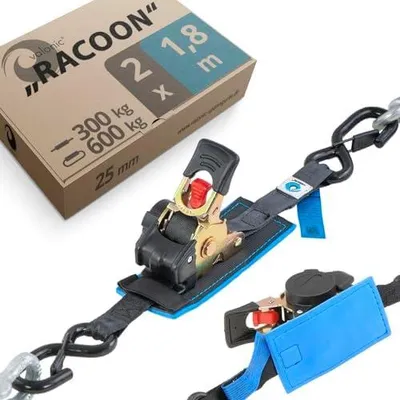 Produktbild von Racoon - 2X 1,8m Automatik Spanngurt mit Haken, gepolstert, 25mm, 300/600Kg, EN-12195-2, mit Ratsche - Spanngurte Automatik, Zurrgurte für Motorrad, Auto, SUP schwarz
