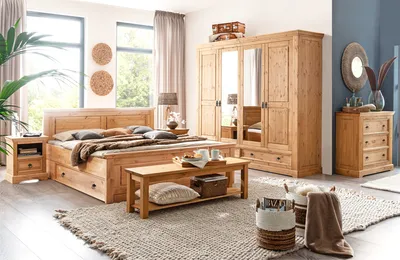Schlafzimmer mit Kleiderschrank Doppelbett Kommode Nachttisch Bettbank Bettkasten