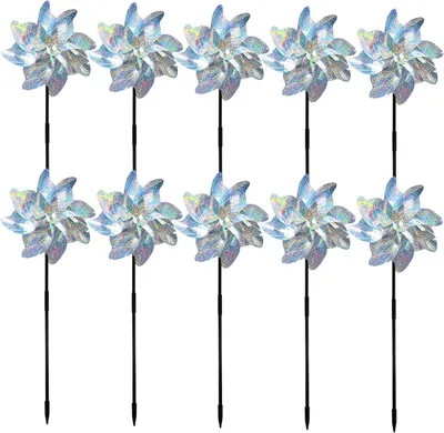 Produktbild von 10 Stück Windspiele für den Außenbereich, reflektierende Vogelabwehrgeräte mit Pfählen und silberfarbene, glitzernde Windräder für Garten, Hof, Terrasse und Bauernhof