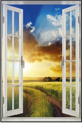 Produktbild von Wallario Wandbild mit Fenster-Illusion: Feldweg in den Sonnenuntergang, Größe: 61 x 91,5 cm, Poster mit schwarzem Aluminiumrahmen