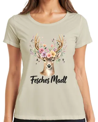 Immagine prodotto di Maglietta da donna con motivo "Fesches Madl", cervo, corna di fiore, abbigliamento tradizionale bavarese, pantaloni di pelle, caccia, taglia L, colore naturale