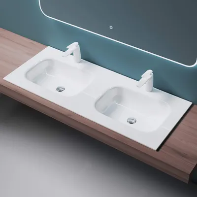 Produktbild von Mai&Mai Einbau-Waschbecken, Gussmarmor, rechteckig, 2 Becken, große Ablage, Col04, Weiß, 120x48x14cm