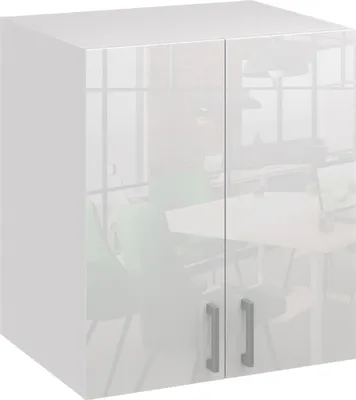 A white high-gloss cabinet with two doors and silver handles, reflecting a room with furniture and windows.
