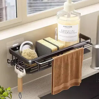 Produktbild von Unyqoos® Hängender Spülbecken-Organizer aus Metall, schwarz – Schwammhalter, Handtuchstange & 2 Haken, Kräuterregal, ohne Bohren, rostfrei