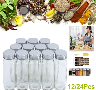 Obrázok produktu pre XMTECH Premium Spice Jars Round - sada 24 120ml nádobiek na korenie Vysokokvalitné nádobky na korenie s hliníkovými viečkami - sklenený lievik na šejker na korenie, etikety - nádobky na korenie