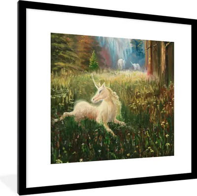Produktbild von MuchoWow® Gerahmtes Poster Eine Illustration eines Einhorns in einem Wald - Mädchen - Kinder - Kinder 40x40 cm - Poster mit Schwarzem Bilderrahmen Wandposter Rahmen Foto Bilder - Poster - Plakat im Rahmen