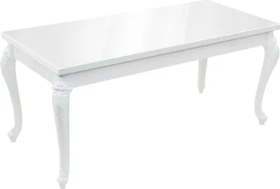 A white high-gloss dining table with ornate legs, shown from a three-quarter angle against a white background.