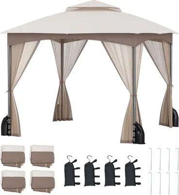 A khaki colored gazebo with mosquito netting and accessories on a white background.