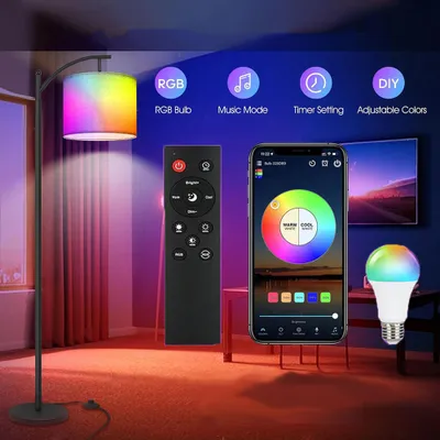Image de Lampadaire LED intelligent avec ampoule E27 RGB, lampadaire avec télécommande et application, lampadaire RGB moderne d'une puissance de 10 W à intensité variable, compatible Alexa et Google, pour la chambre à coucher et le bureau